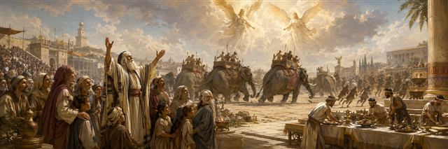Eleazar prays in the hippodrome as two radiant guardians turn the elephants away and the captives rejoice